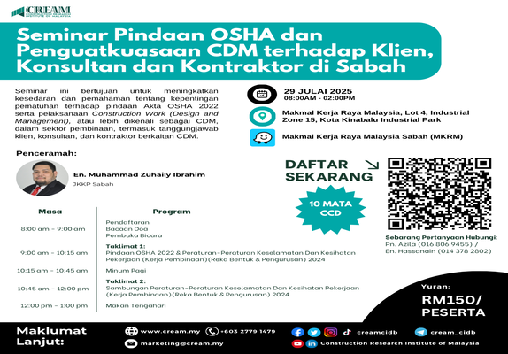 Seminar Pindaan OSHA dan Penguatkuasaan CDM terhadap Klien, Konsultan dan Kontraktor di Sabah